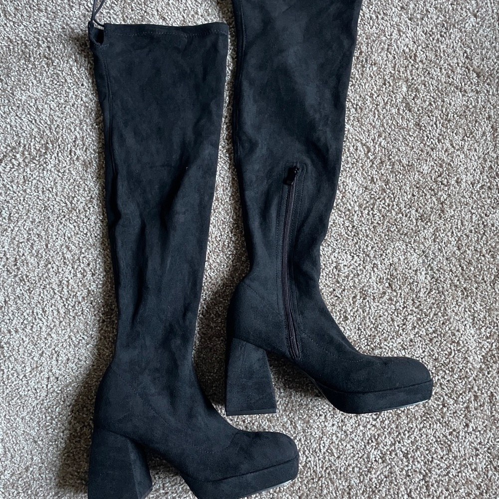 SHEIN Black Suede Block Platform Heel Fitted Over the Knee Boots SIZE 8